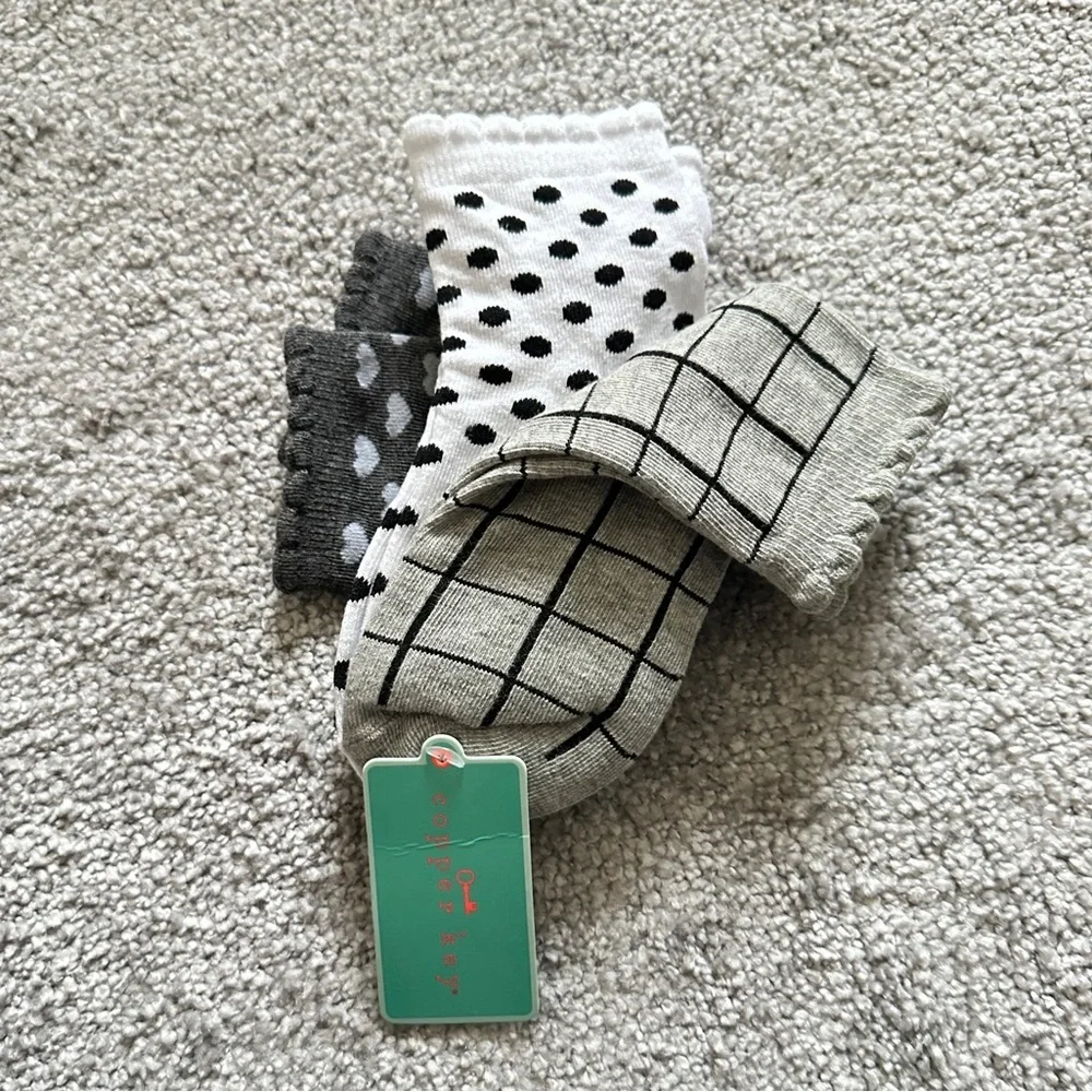 Copper Key 3 Pairs Kids Patterned Socks Set - Gray and White